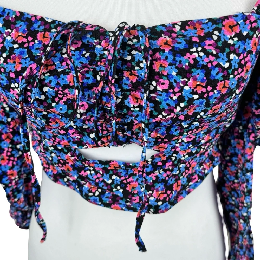 Zara Colorful Floral Convertible Halter 3/4 Sleeve Off Shoulder Crop Top Medium